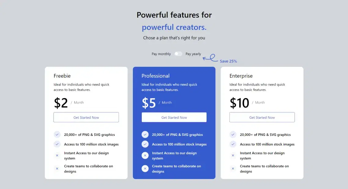 Toggle Switch Plan Pricing Component - Tailwindtap
